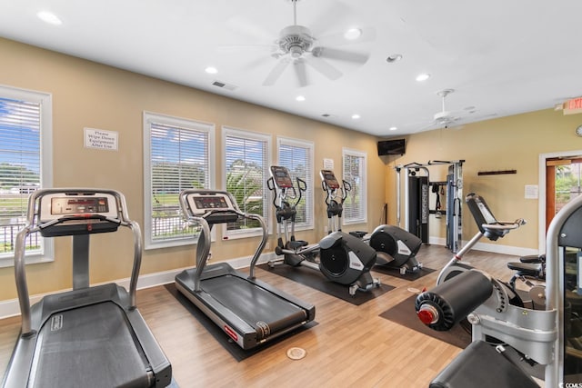 2180 Waterview Dr Unit 632, North Myrtle Beach, SC 29582 - exercise room featuring a healthy amount of sunlight, visible vents, wood finished floors, and ceiling fan