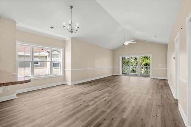 117 S Shore Blvd Unit 301, Longs, SC 29568 - unfurnished living room featuring a chandelier, wood finished floors, lofted ceiling, and ceiling fan