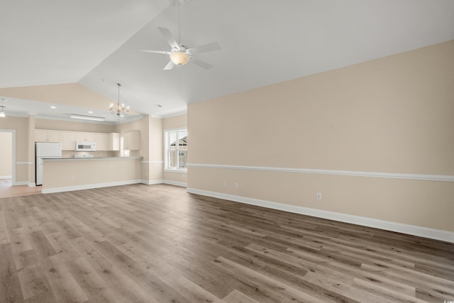 117 S Shore Blvd Unit 301, Longs, SC 29568 - unfurnished living room with lofted ceiling, ceiling fan, a chandelier, light wood-style flooring, and ornamental molding