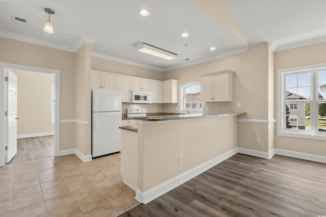 117 S Shore Blvd Unit 301, Longs, SC 29568 - kitchen with white appliances, crown molding, a peninsula, recessed lighting, and light wood-type flooring