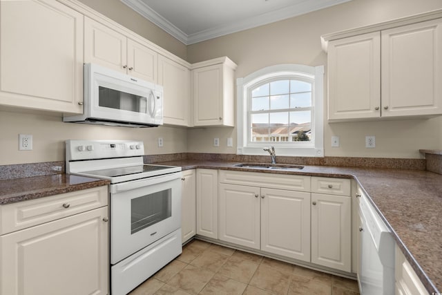 117 S Shore Blvd Unit 301, Longs, SC 29568 - kitchen with white appliances, white cabinetry, crown molding, dark countertops, and light tile patterned floors