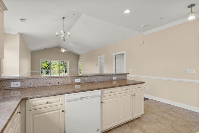 117 S Shore Blvd Unit 301, Longs, SC 29568 - kitchen featuring white dishwasher, a chandelier, vaulted ceiling, hanging light fixtures, and a ceiling fan