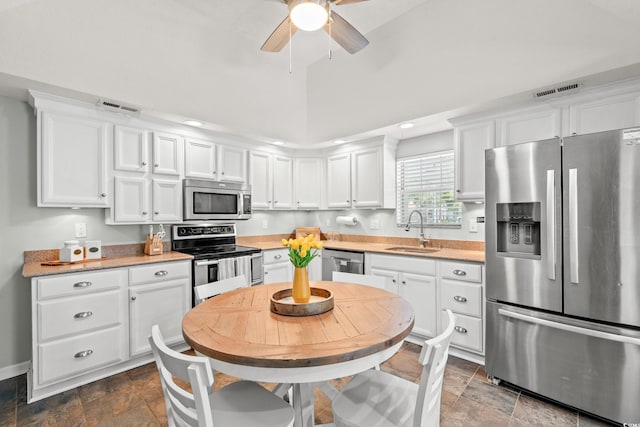 kitchen with ceiling fan, appliances with stainless steel finishes, a sink, white cabinetry, and visible vents