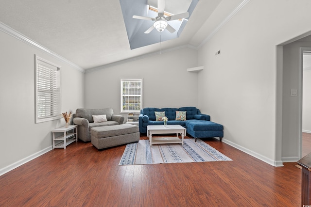 living area featuring crown molding, visible vents, wood finished floors, baseboards, and a ceiling fan
