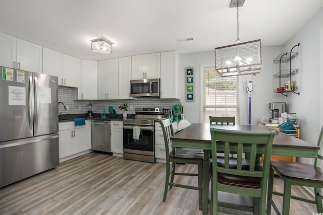 6001-5417 S Kings Hwy, Myrtle Beach, SC 29575 - kitchen with stainless steel appliances, backsplash, light wood finished floors, and white cabinets