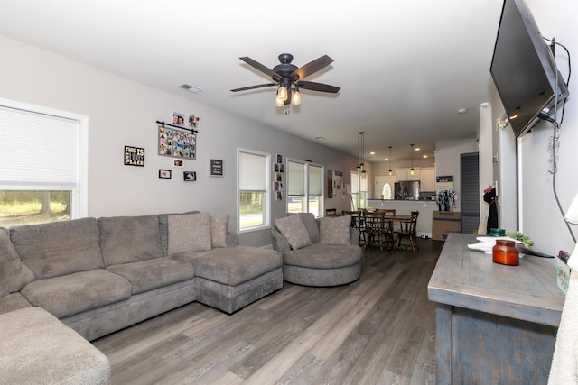 living area with a healthy amount of sunlight, a ceiling fan, wood finished floors, and visible vents