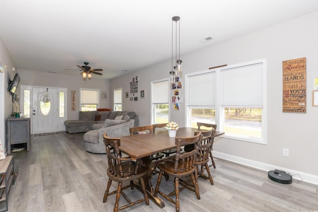 dining room with visible vents, plenty of natural light, and light wood-type flooring