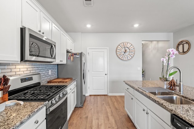 kitchen featuring a sink, white cabinetry, stainless steel appliances, and visible vents