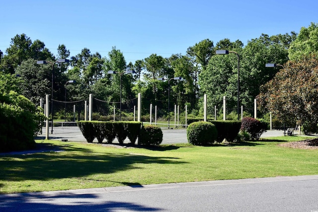 view of property's community featuring volleyball court and a lawn