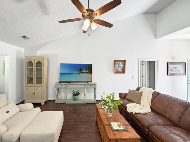living room featuring high vaulted ceiling, a ceiling fan, a textured ceiling, baseboards, and dark wood-type flooring