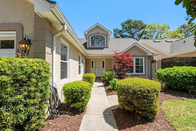 view of exterior entry featuring a shingled roof and stucco siding