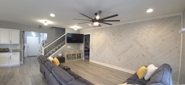 897 Wild Leaf Loop, Conway, SC 29526 - living area featuring stairway, ceiling fan, recessed lighting, light wood-style flooring, and ornamental molding