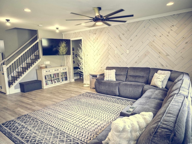 897 Wild Leaf Loop, Conway, SC 29526 - living room with ornamental molding, a ceiling fan, baseboards, wood finished floors, and recessed lighting