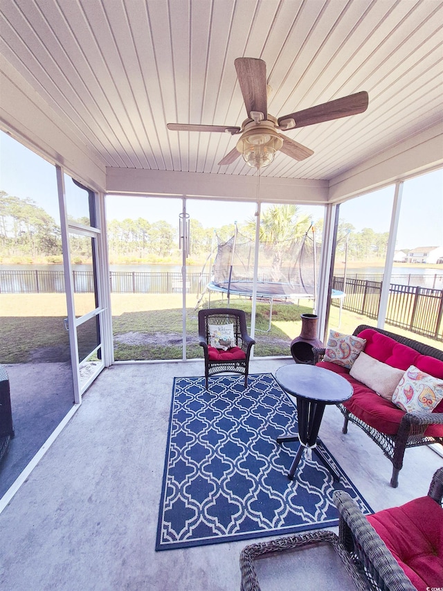 897 Wild Leaf Loop, Conway, SC 29526 - sunroom with ceiling fan, a water view, and an outdoor hangout area
