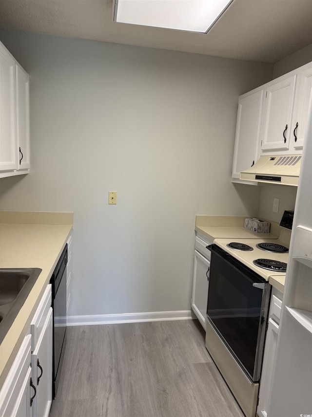5001 Little River Rd Unit 501E, Myrtle Beach, SC 29577 - kitchen featuring ventilation hood, electric range, light wood-type flooring, dishwasher, and white cabinets