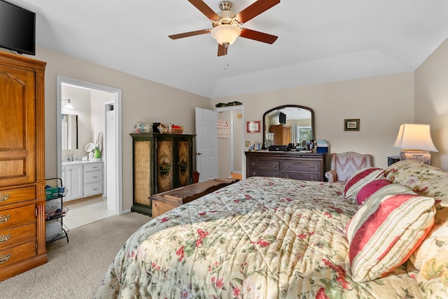 111 Cedar Ridge Ln, Conway, SC 29526 - bedroom with light carpet, a ceiling fan, ensuite bath, and vaulted ceiling