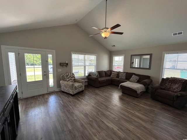 living area with a ceiling fan, high vaulted ceiling, and dark wood-style floors
