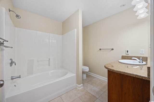 full bath with toilet, tile patterned flooring, baseboards, vanity, and washtub / shower combination