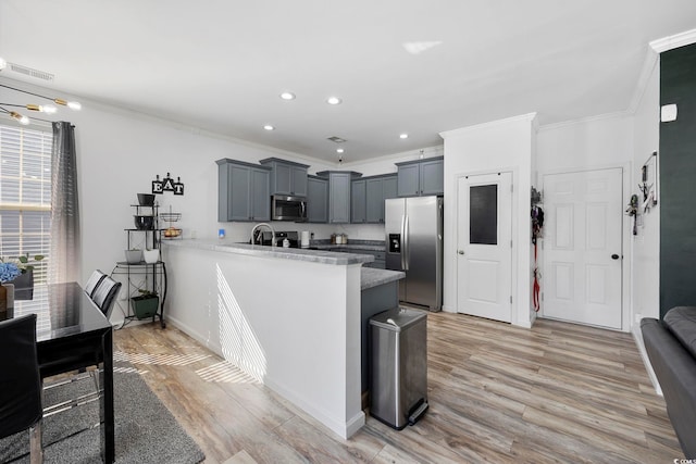 650 Woodman Dr, Conway, SC 29526 - kitchen featuring stainless steel appliances, ornamental molding, light wood-style flooring, a peninsula, and light countertops