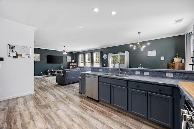 650 Woodman Dr, Conway, SC 29526 - kitchen featuring dishwasher, ornamental molding, light wood-style flooring, ceiling fan, and dark countertops