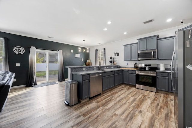 650 Woodman Dr, Conway, SC 29526 - kitchen featuring appliances with stainless steel finishes, gray cabinets, light wood finished floors, a peninsula, and crown molding