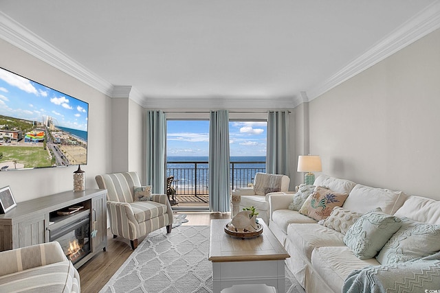 living area featuring crown molding, a water view, a glass covered fireplace, and wood finished floors