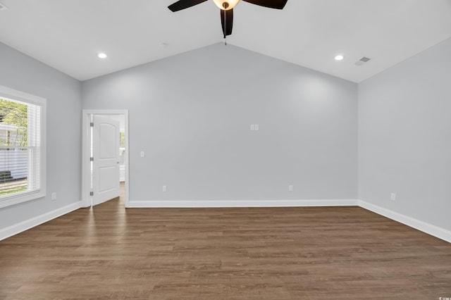 5132 Little River Neck Rd, North Myrtle Beach, SC 29582 - empty room with lofted ceiling, baseboards, visible vents, ceiling fan, and wood finished floors