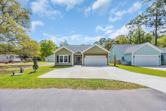 5132 Little River Neck Rd, North Myrtle Beach, SC 29582 - ranch-style house featuring a front lawn, board and batten siding, an attached garage, and concrete driveway