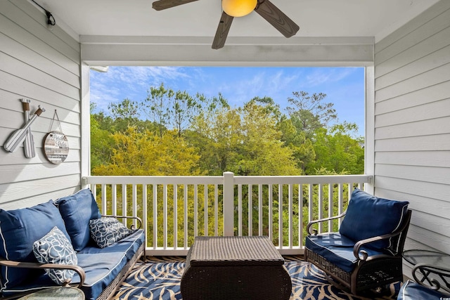 balcony with a ceiling fan