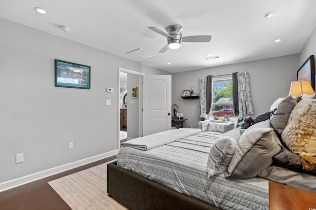 bedroom featuring wood finished floors, ceiling fan, baseboards, and recessed lighting