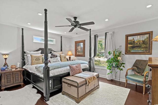 710 Yucca Ave, Myrtle Beach, SC 29577 - bedroom featuring recessed lighting, ornamental molding, wood finished floors, baseboards, and a ceiling fan