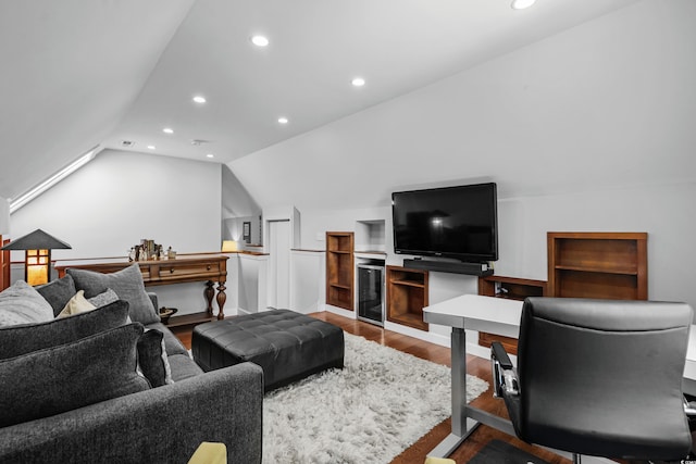 710 Yucca Ave, Myrtle Beach, SC 29577 - living room featuring wood finished floors, recessed lighting, lofted ceiling, and an office area