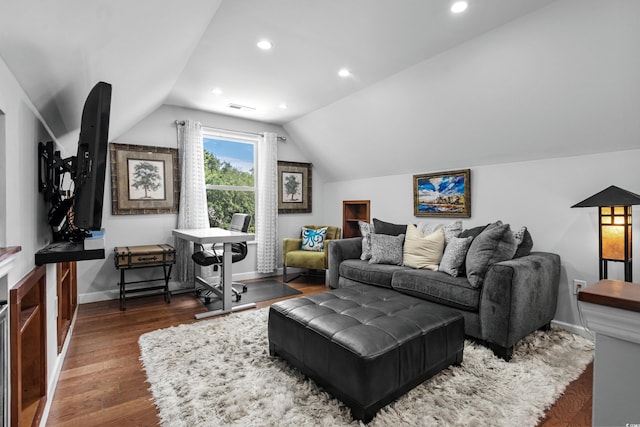 living area with vaulted ceiling, wood finished floors, baseboards, and recessed lighting