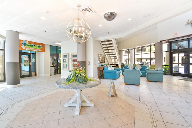 building lobby with visible vents and stairway
