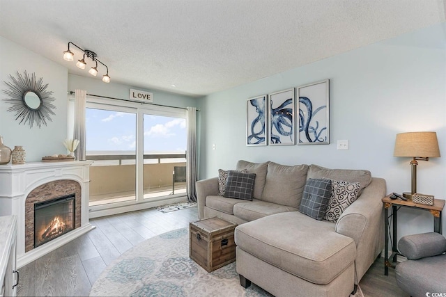 6100 N Ocean Blvd Unit 804, North Myrtle Beach, SC 29582 - living room featuring wood finished floors, a glass covered fireplace, and a textured ceiling