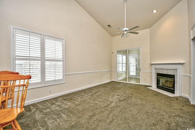2705 S Key Largo Cir, Myrtle Beach, SC 29577 - unfurnished living room with carpet floors, ceiling fan, high vaulted ceiling, baseboards, and a fireplace