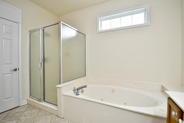 2705 S Key Largo Cir, Myrtle Beach, SC 29577 - full bath with a stall shower, a jetted tub, vanity, and tile patterned flooring