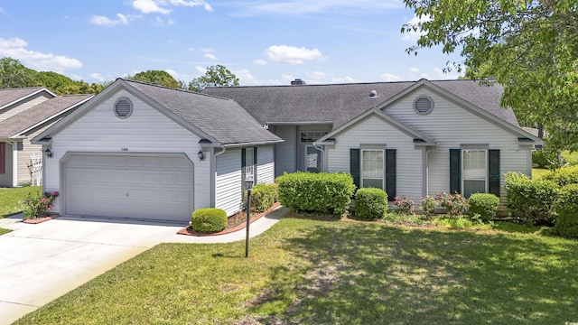 ranch-style home with roof with shingles, a garage, driveway, and a front lawn