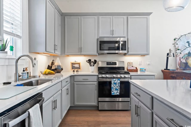 kitchen featuring appliances with stainless steel finishes, gray cabinetry, a sink, and light countertops