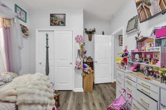 bedroom featuring wood finished floors and a closet