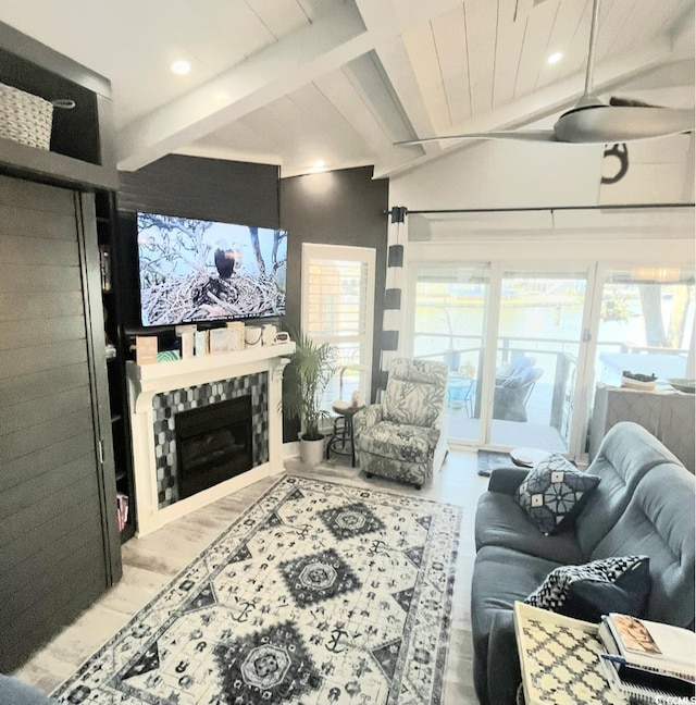 6001-Z55 S Kings Hwy, Myrtle Beach, SC 29575 - living room featuring vaulted ceiling with beams, wood finished floors, a fireplace, and recessed lighting