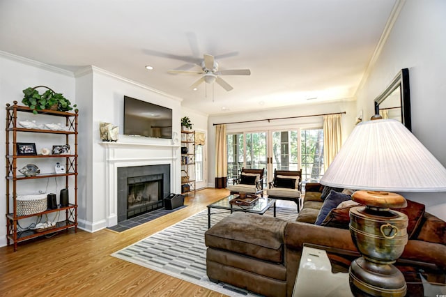 living area featuring wood finished floors, crown molding, ceiling fan, a fireplace, and baseboards