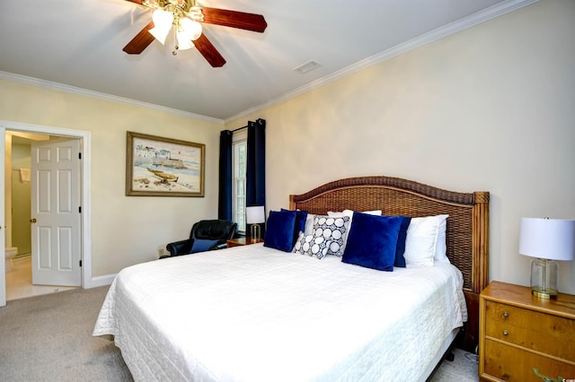 carpeted bedroom with crown molding and a ceiling fan