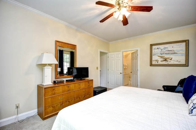 bedroom with ornamental molding, baseboards, light colored carpet, and ceiling fan