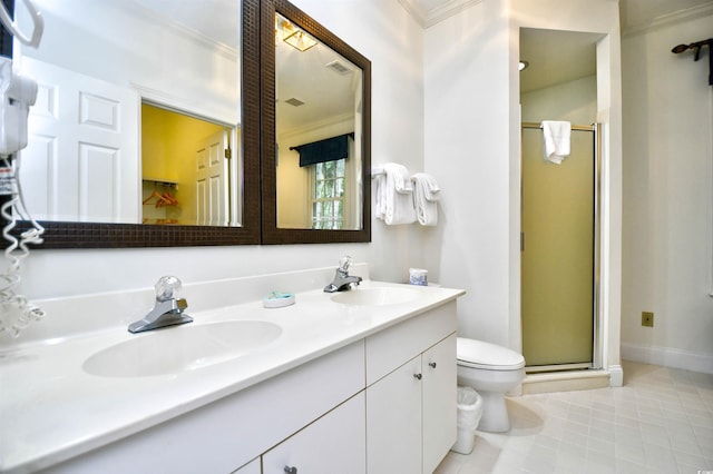 full bath featuring ornamental molding, a stall shower, double vanity, toilet, and tile patterned flooring