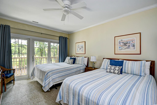 bedroom featuring access to exterior, carpet floors, crown molding, and ceiling fan