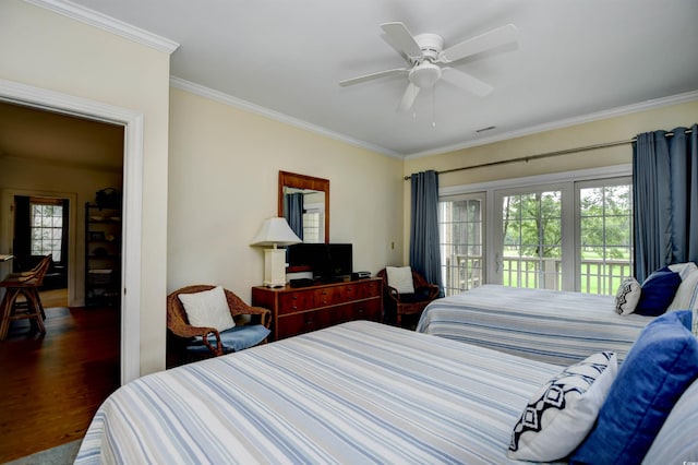 bedroom with access to exterior, ornamental molding, wood finished floors, and ceiling fan