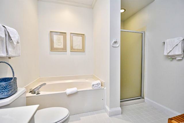 full bath with toilet, a garden tub, a stall shower, ornamental molding, and baseboards