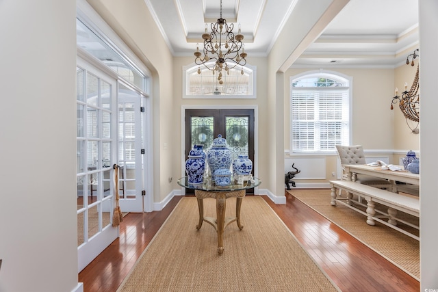 2278 Big Landing Dr, Little River, SC 29566 - foyer with wood-type flooring, french doors, a chandelier, and crown molding