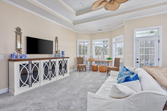 2278 Big Landing Dr, Little River, SC 29566 - carpeted living room with a ceiling fan, a tray ceiling, baseboards, ornamental molding, and recessed lighting